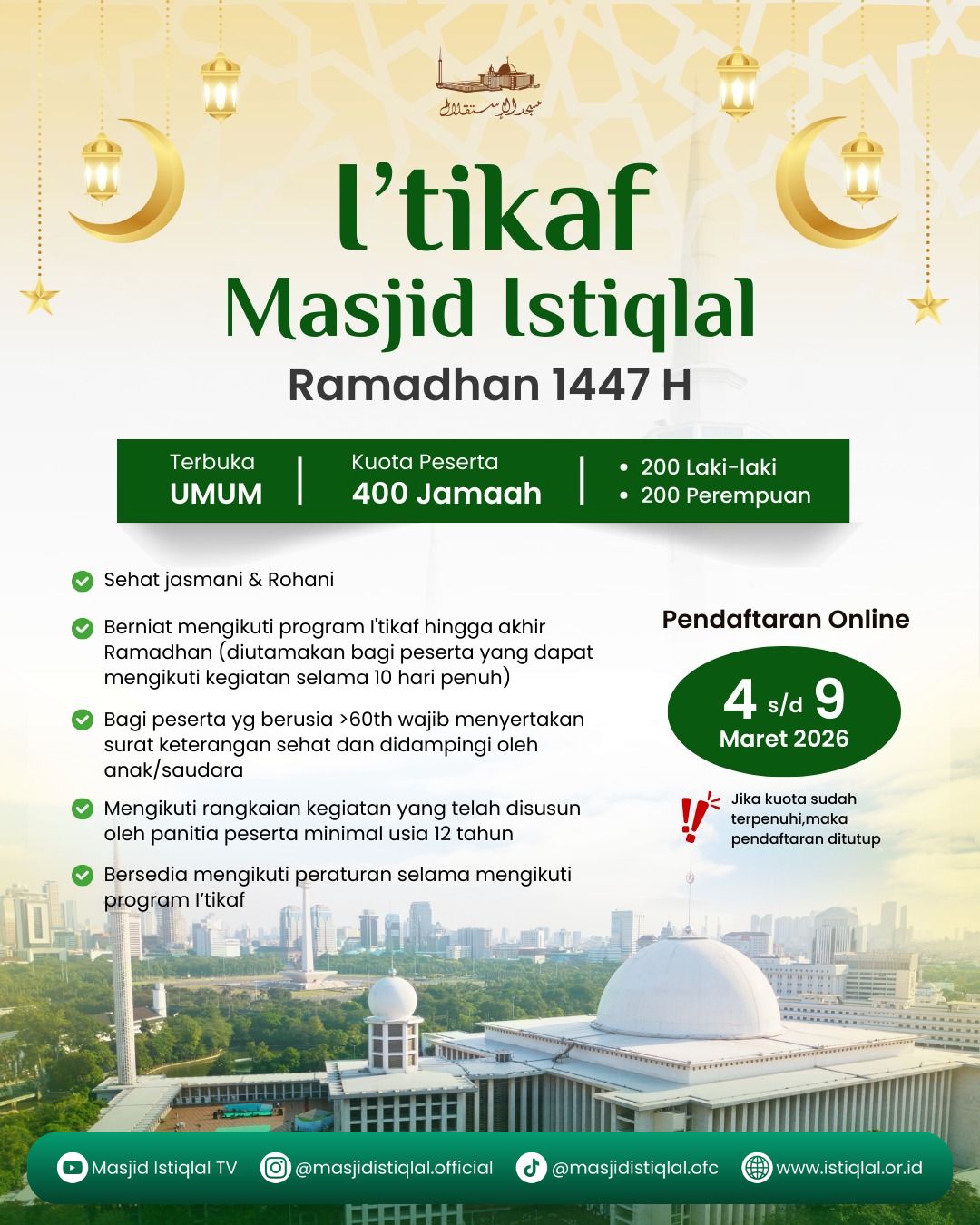 Pendaftaran Itikaf Terpadu Ramadhan 1447 H Masjid Istiqlal Dibuka